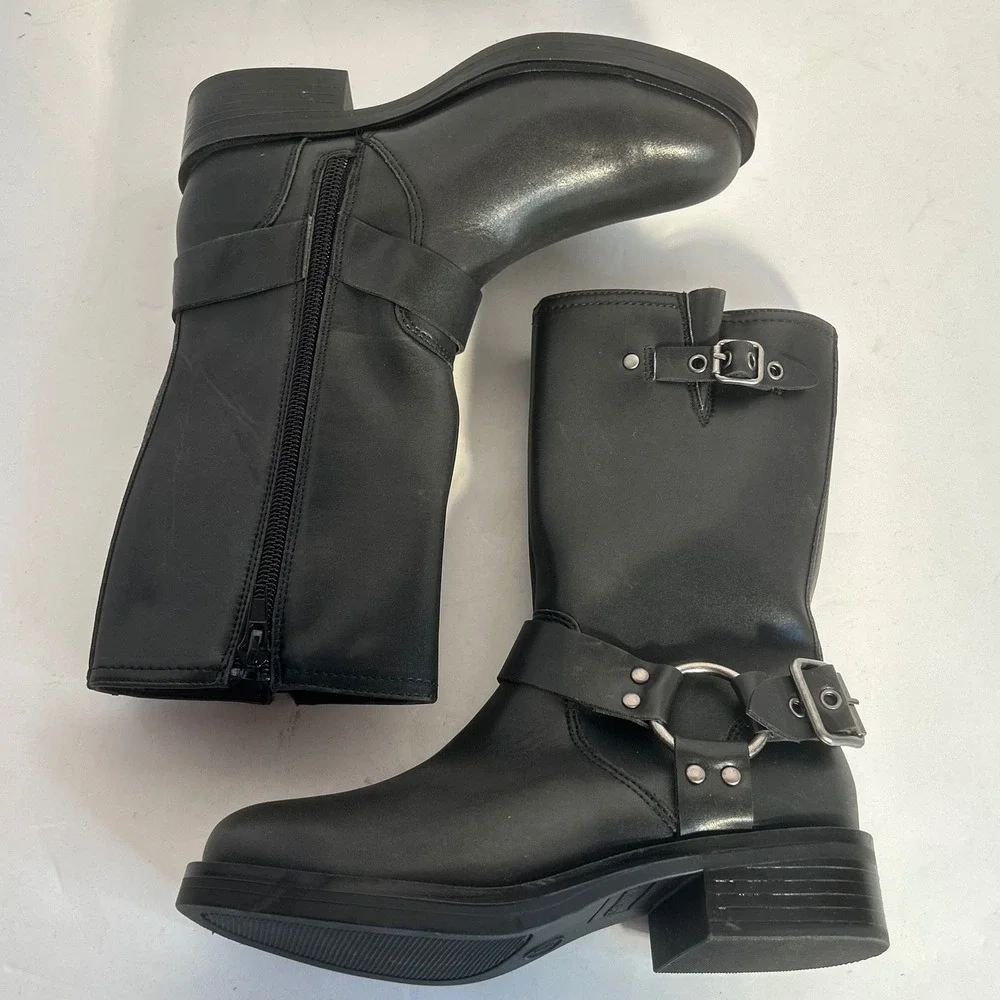 Steve Madden Beckky Black Faux Leather Buckle Moto Biker Boots Size 1‎